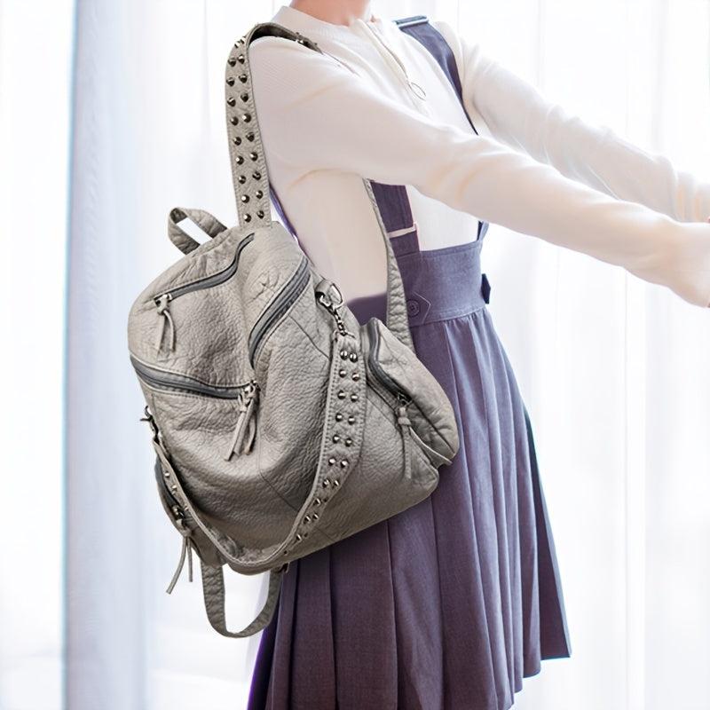 Rivet Decor Faux Leather Backpack with Zipper - Travel & Shopping