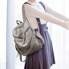 Rivet Decor Faux Leather Backpack with Zipper - Travel & Shopping
