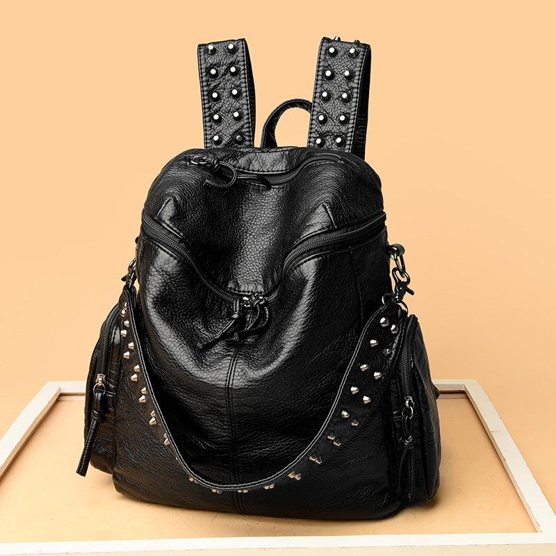 Rivet Decor Faux Leather Backpack with Zipper - Travel & Shopping