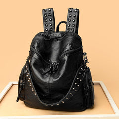 Rivet Decor Faux Leather Backpack with Zipper - Travel & Shopping
