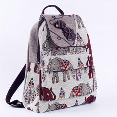 Elephant Pattern Linen Backpack Ethnic Style Flap Bookbag