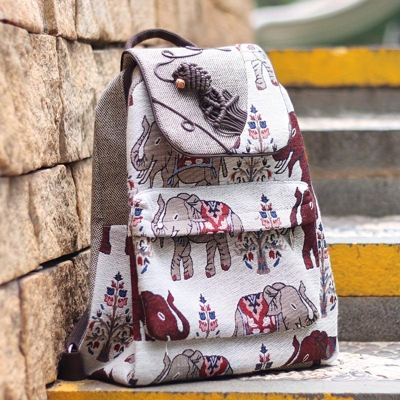 Elephant Pattern Linen Backpack Ethnic Style Flap Bookbag