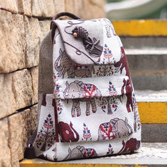 Elephant Pattern Linen Backpack Ethnic Style Flap Bookbag