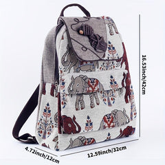Elephant Pattern Linen Backpack Ethnic Style Flap Bookbag