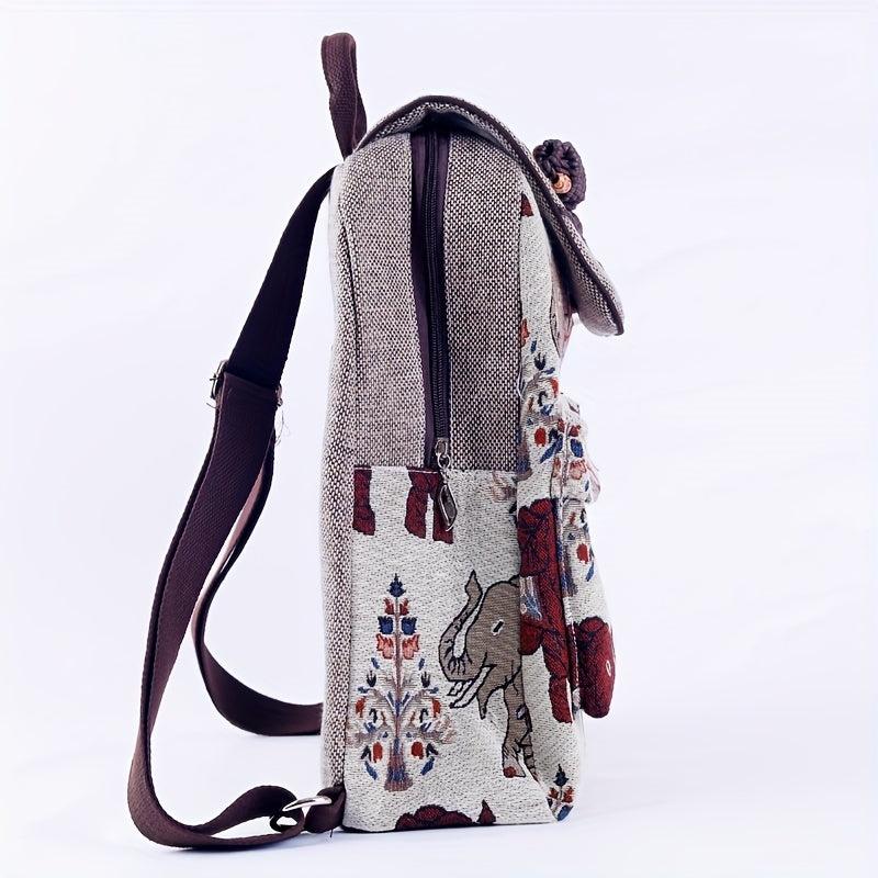 Elephant Pattern Linen Backpack Ethnic Style Flap Bookbag