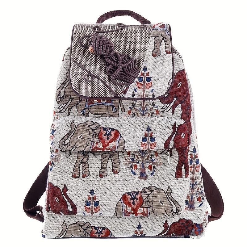 Elephant Pattern Linen Backpack Ethnic Style Flap Bookbag