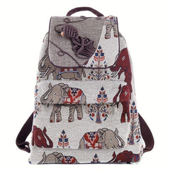 Elephant Pattern Linen Backpack Ethnic Style Flap Bookbag