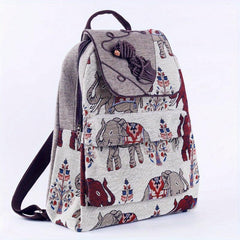 Elephant Pattern Linen Backpack Ethnic Style Flap Bookbag