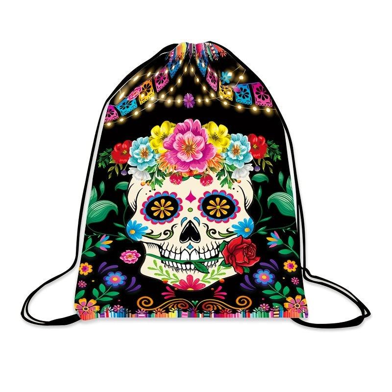 Flower Skull Print Drawstring Backpack Horror Ghost Skull Elf Bundle Pockets