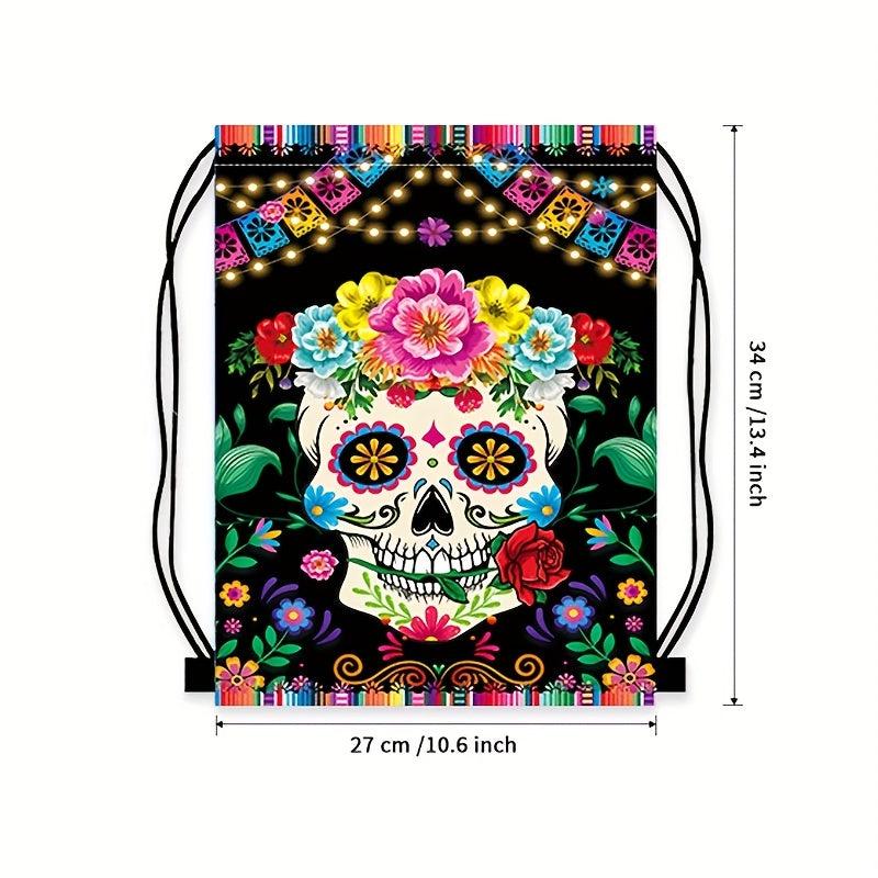 Flower Skull Print Drawstring Backpack Horror Ghost Skull Elf Bundle Pockets