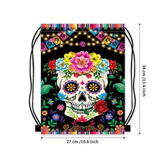 Flower Skull Print Drawstring Backpack Horror Ghost Skull Elf Bundle Pockets