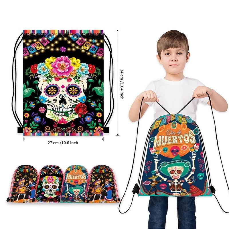 Flower Skull Print Drawstring Backpack Horror Ghost Skull Elf Bundle Pockets