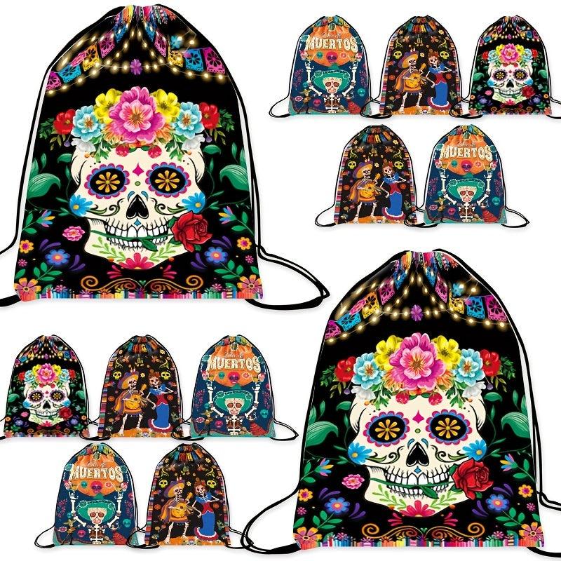 Flower Skull Print Drawstring Backpack Horror Ghost Skull Elf Bundle Pockets