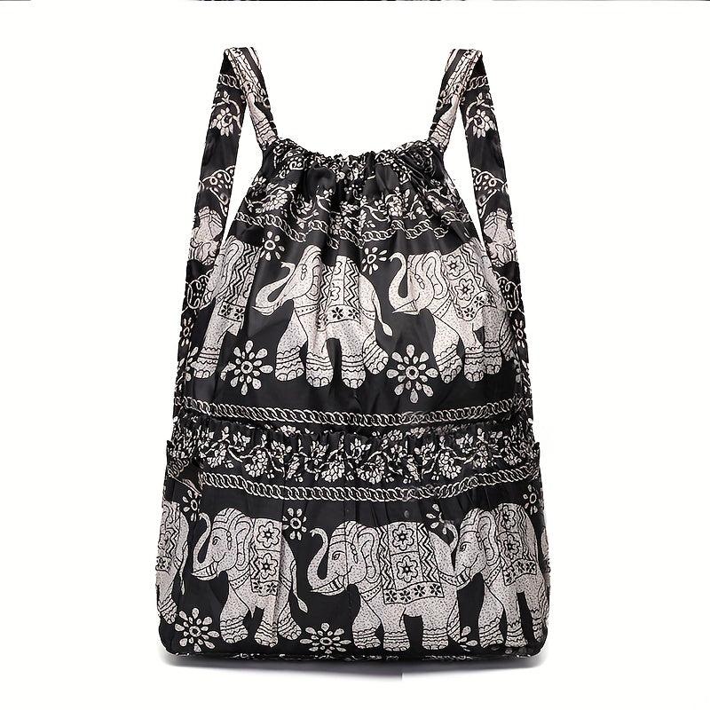 Ethnic Elephant Print Waterproof Drawstring Backpack