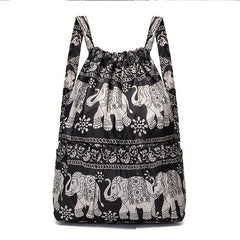 Ethnic Elephant Print Waterproof Drawstring Backpack