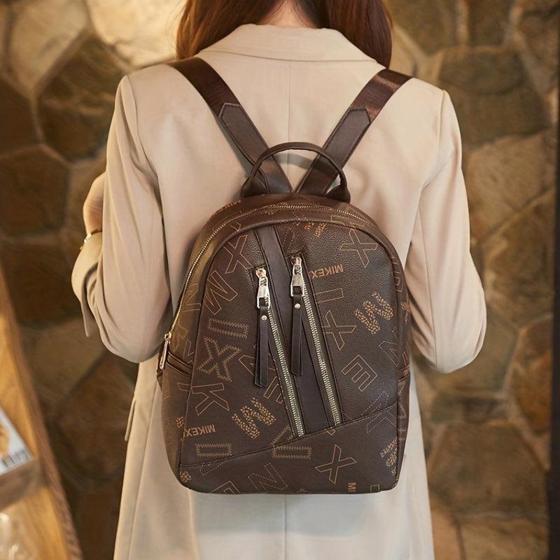 Vintage Letter Print Backpack Classic Zipper Storage Daypack Women's Bag