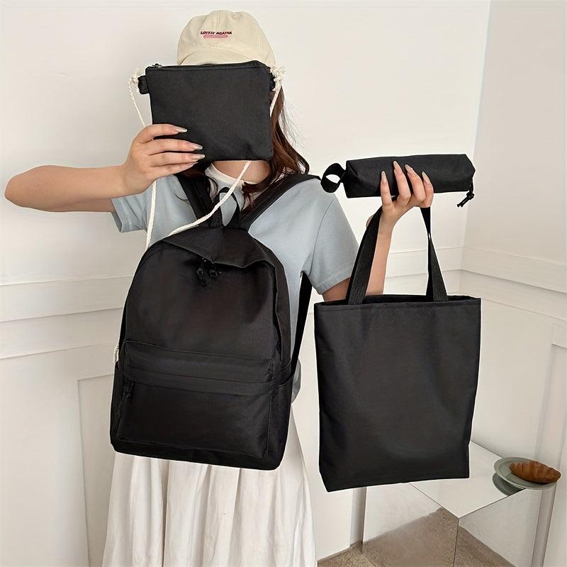 4 Pcs Solid Bag Sets Backpack with Handbag & Crossbody Bag & Pencil Pouch