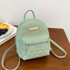Studded Decor Backpack PU Leather Schoolbag Travel Daypack 8 66 6 69 2 95 Inch