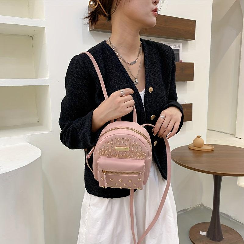 Studded Decor Backpack PU Leather Schoolbag Travel Daypack 8 66 6 69 2 95 Inch
