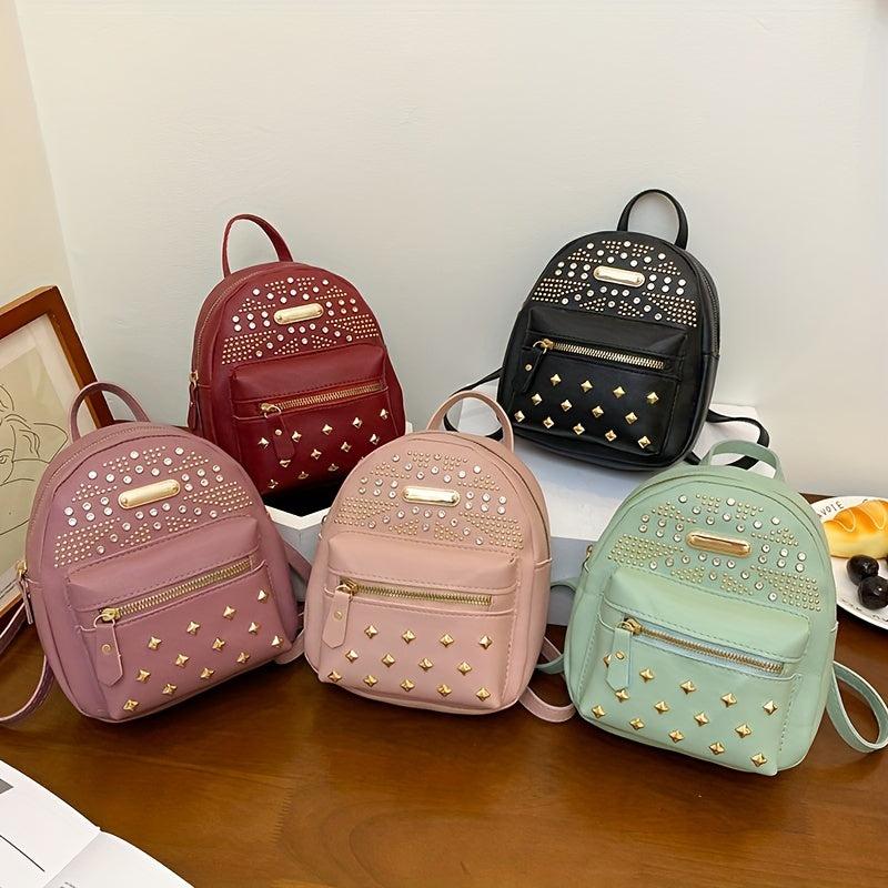 Studded Decor Backpack PU Leather Schoolbag Travel Daypack 8 66 6 69 2 95 Inch