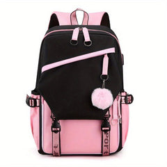 Teen Girls Flap Backpack with Pompom Decor & USB Charging Port