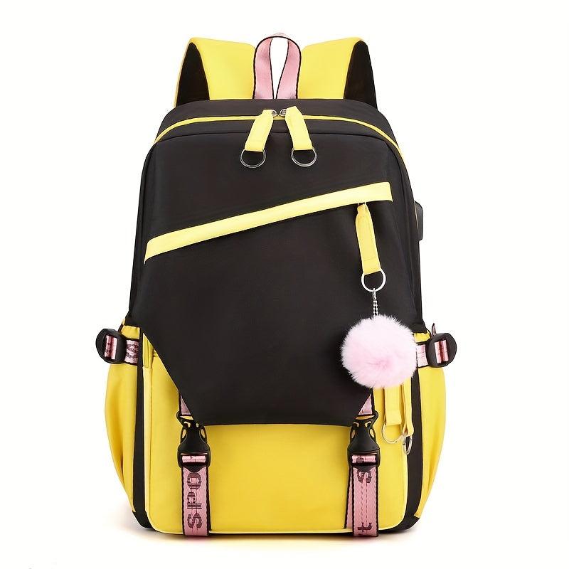 Teen Girls Flap Backpack with Pompom Decor & USB Charging Port