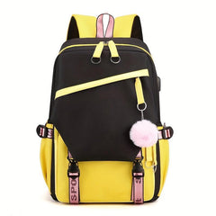 Teen Girls Flap Backpack with Pompom Decor & USB Charging Port