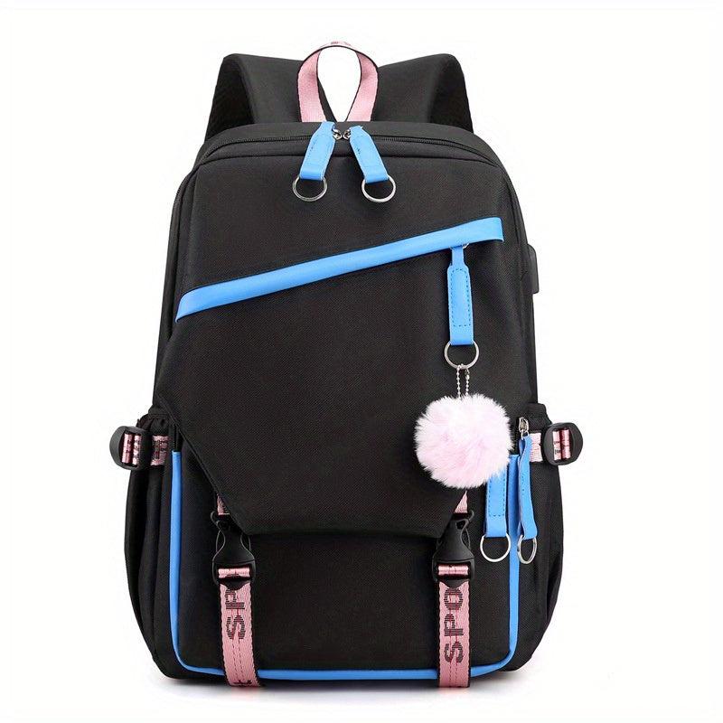 Teen Girls Flap Backpack with Pompom Decor & USB Charging Port