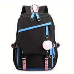 Teen Girls Flap Backpack with Pompom Decor & USB Charging Port