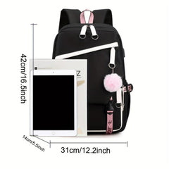 Teen Girls Flap Backpack with Pompom Decor & USB Charging Port