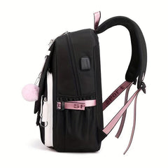 Teen Girls Flap Backpack with Pompom Decor & USB Charging Port