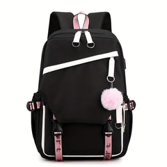 Teen Girls Flap Backpack with Pompom Decor & USB Charging Port