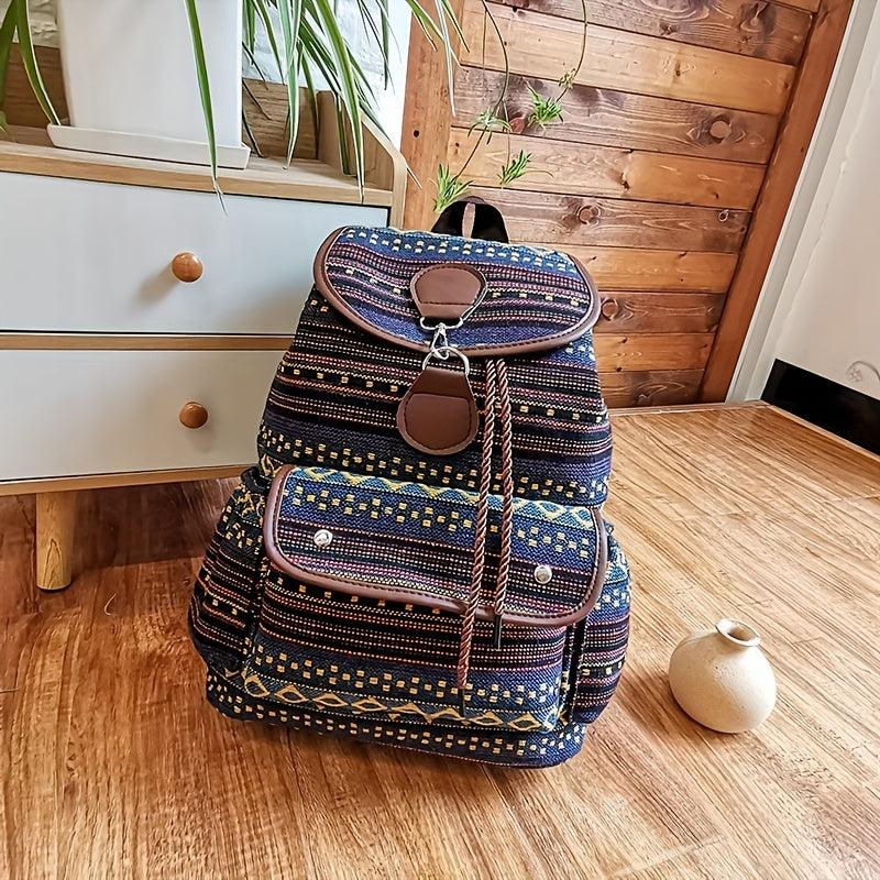 Boho Flap Drawstring Backpack Paisley Travel Daypack Lock School Bag