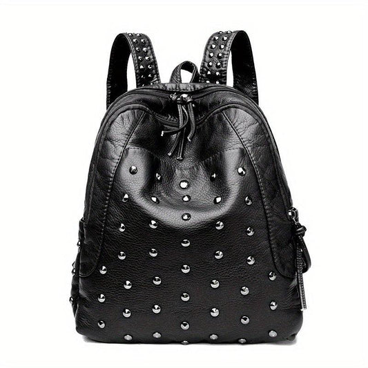 Vintage Studded Decor Backpack Faux Leather Daypack Versatile Travel School Bag