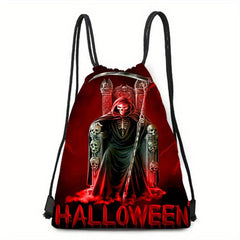 Halloween Pumpkin Skull Print Backpack Horror Drawstring Daypack