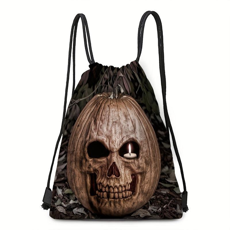 Halloween Pumpkin Skull Print Backpack Horror Drawstring Daypack