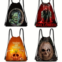 Halloween Pumpkin Skull Print Backpack Horror Drawstring Daypack
