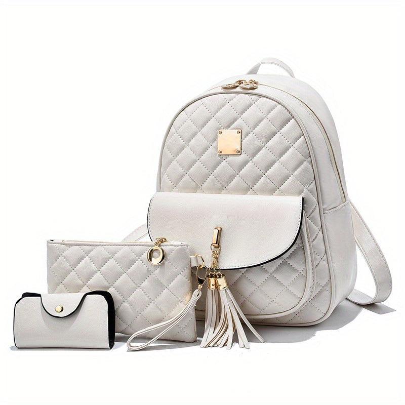 Quilted Backpack Purse PU Leather Preppy Daypack Classic College School Bag