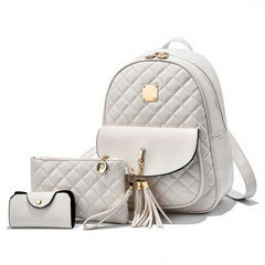 Quilted Backpack Purse PU Leather Preppy Daypack Classic College School Bag