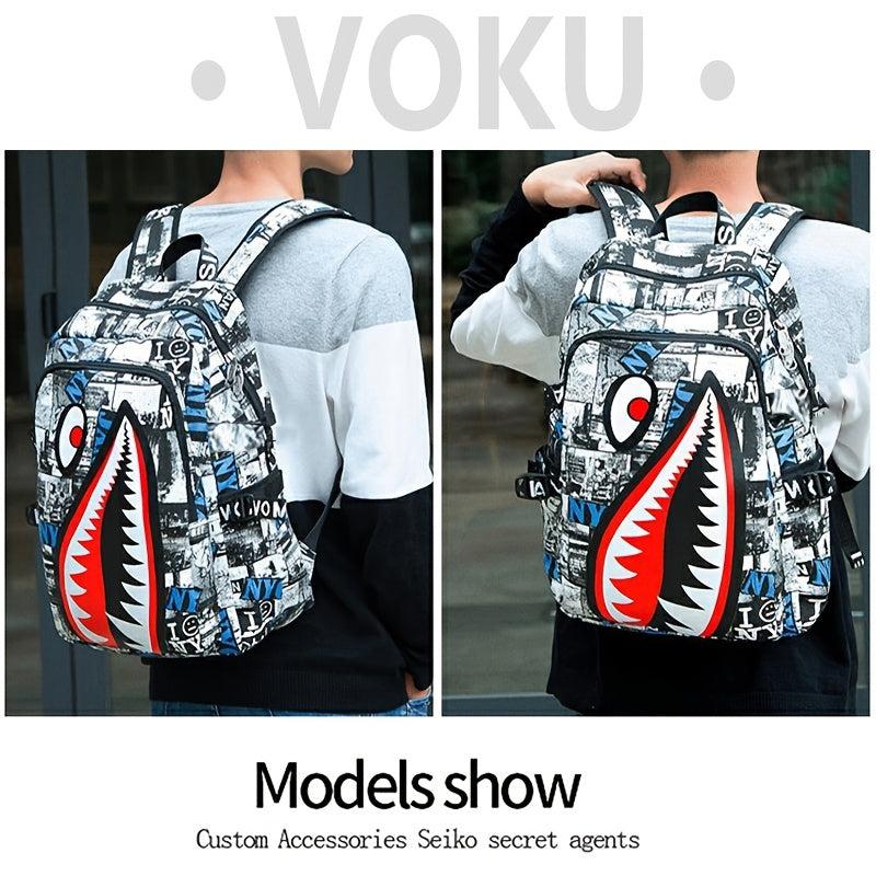 Large Capacity Shark Retro Print Backpack Oxford School Daypack