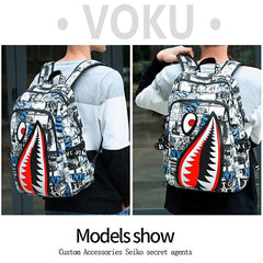 Large Capacity Shark Retro Print Backpack Oxford School Daypack