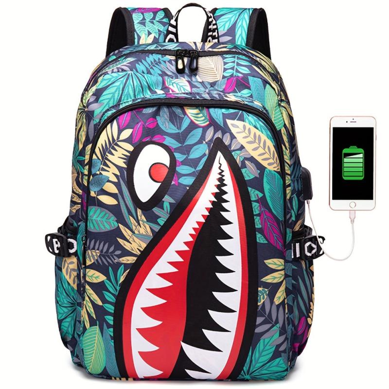 Large Capacity Shark Retro Print Backpack Oxford School Daypack