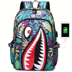 Large Capacity Shark Retro Print Backpack Oxford School Daypack