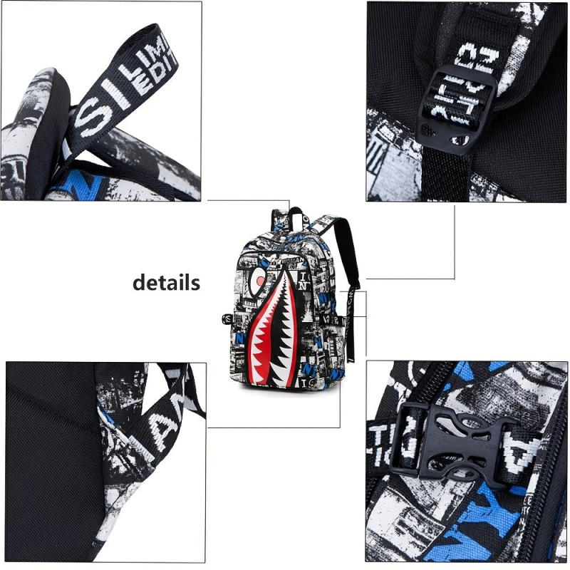 Large Capacity Shark Retro Print Backpack Oxford School Daypack