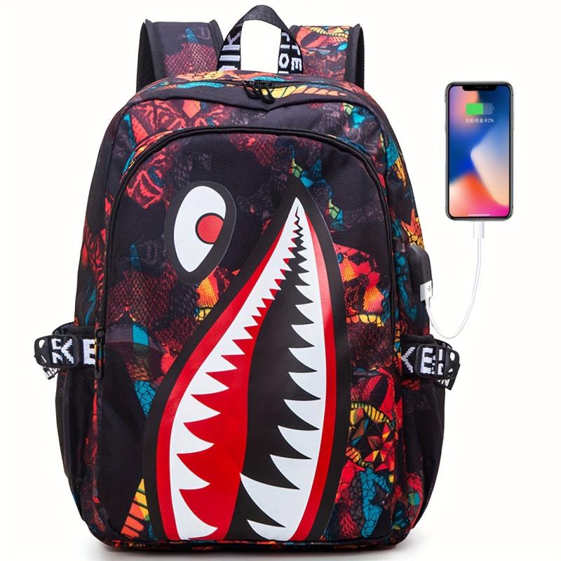 Large Capacity Shark Retro Print Backpack Oxford School Daypack
