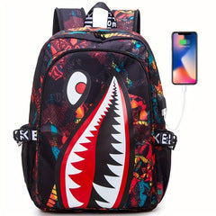Large Capacity Shark Retro Print Backpack Oxford School Daypack