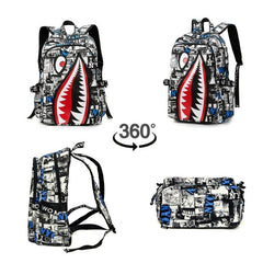 Large Capacity Shark Retro Print Backpack Oxford School Daypack