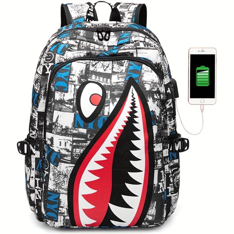Large Capacity Shark Retro Print Backpack Oxford School Daypack