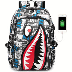 Large Capacity Shark Retro Print Backpack Oxford School Daypack