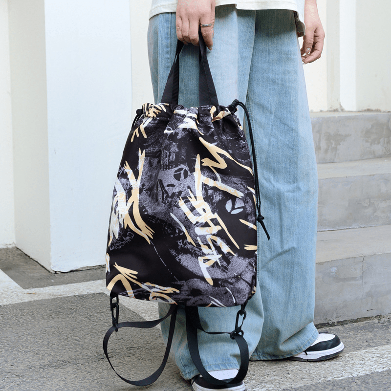 Graffiti Drawstring Large Capacity Backpack Nylon Lightweight Street Backpack